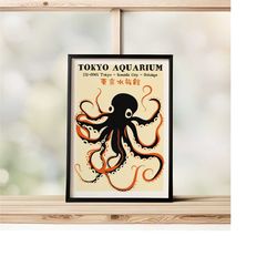 tokyo aquarium poster | octopus linocut minimalist poster,
