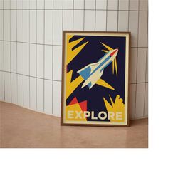 explore - space poster - moon rocket minimalist