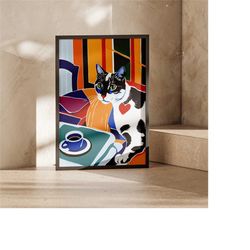curious cat & coffee poster - mid-century modern