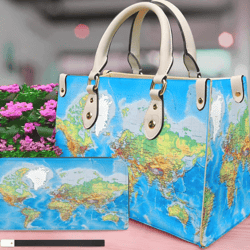 world map woman leather handbag, world map handbag & purse, image world map wallet, map handbag, custom world map