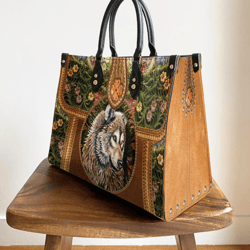 Wolf Leather Style Flower Leather Bag, Gift For Wolf Lovers, Women Leather Bag, Gift For Her