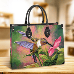 Hummingbird Flowers Beauty Leather Handbag, Women Leather Bag, Gift For Her