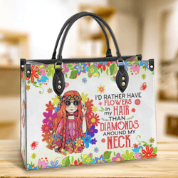 Hippie FLowers In My Hair Leather Handbag, Gift For Her, Best Mother's Day Gifts
