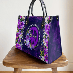 Hippie Let It Be Purple Peace Sign Leather Handbag, Women Leather Handbag, Gift For Her, Best Mother's Day Gifts