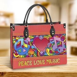 Hippie Peace Love Music Leather Handbag, Women Leather Handbag, Gift For Her, Best Mother's Day Gifts