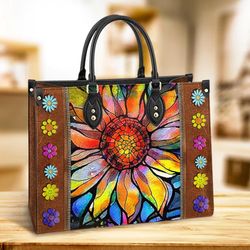 Hippie Sunflower Colorful Leather Handbag, Women Leather Handbag, Gift For Her, Mother's Day Gifts