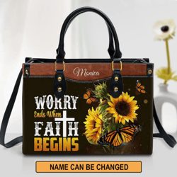 Worry Ends When Faith Begins Personalized Butterfly Handbag, Women Leather Handbag, Gift For Her, Mother's Day Gifts