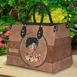 Black Woman Just Blessed Personalized Leather Handbag, Women Leather Handbag, Gift For Her, Mother's Day Gifts