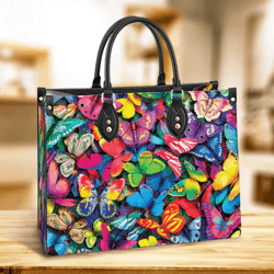 Butterfly Multicolor Pattern Leather Handbag, Women Leather Handbag, Gift For Her, Mother's Day Gifts