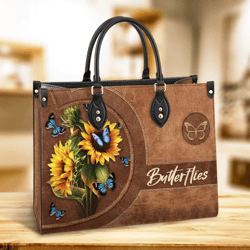 Butterfly Beauty Sunflowers Leather Handbag, Women Leather Handbag, Gift For Her, Mother's Day Gifts
