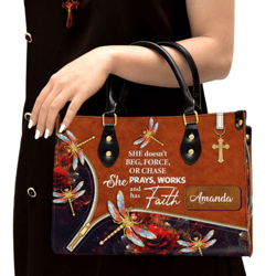 She Prays Works And Has Faith Personalized Dragonfly Personalized Leather Handbag, Women Leather Handbag, Gift For Her
