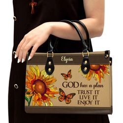 Sunflower And Butterfly God Has A Plan Trust It Live It Enjoy It Leather Handbag, Women Leather Handbag, Gift For Her