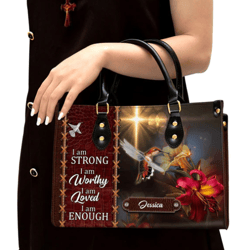 Personalized Hummingbird I Am Strong Leather Handbag, Women Leather Handbag, Christian Gifts, Gift For Her