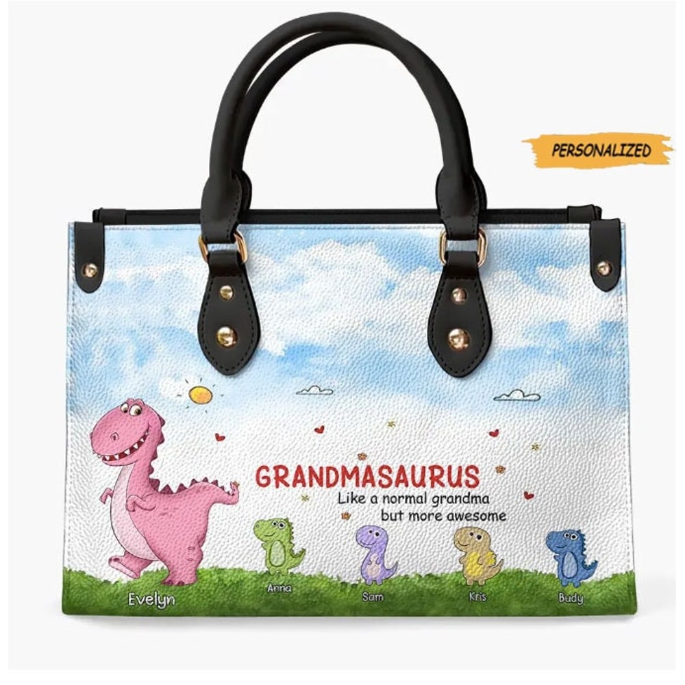 Personalized Leather Bag, Gift For Grandma, Mother, Grandmasaurus Like A Normal Grandma But More Awesome, Custom Grandkids Leather Bag 1.jpg