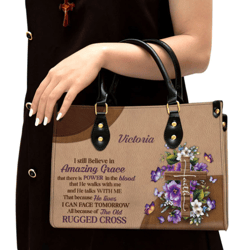 i still believe in amazing grace leather bag, custom name floral cross leather handbag, christian gifts for women