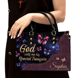 God Calls You His Treasure Leather Bag, Custom Name Butterfly Leather Handbag, Christian Gifts For Women
