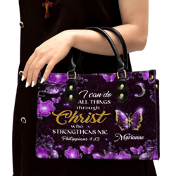 I Can Do All Things Through Christ Personalized Purple Leather Handbag, Gifts For Religious Women