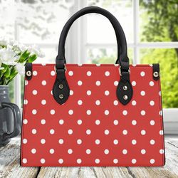 polka-dot print handbag, red purse with white polka dots, ladies leather handbag, purse for mom