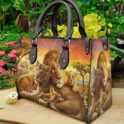 Lion Family Leather Handbag, Women Leather Handbag, Gift for Her, Custom Leather Bag
