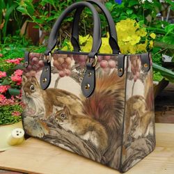 Squirrel Art Animal Leather Handbag, Women Leather Handbag, Gift for Her, Custom Leather Bag