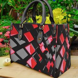 Red Black Box Cubes Leather Handbag, Women Leather Handbag, Gift for Her, Custom Leather Bag