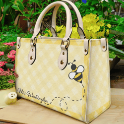 Bee Yellow Custom Name Leather Handbag, Women Leather Handbag, Gift for Her, Custom Leather Bag, Birthday Gift