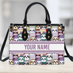 Personalized Sloth Family Leather Handbag, Women Leather Handbag, Gift for Her, Custom Leather Bag, Birthday Gift