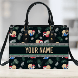 Personalized Sloth Christmas Leather Handbag, Women Leather Handbag, Gift for Her, Custom Leather Bag, Birthday Gift