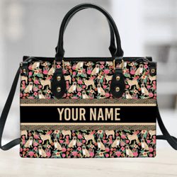 Personalized Pug Dog Floral Leather Handbag, Women Leather Handbag, Gift for Her, Custom Leather Bag, Birthday Gift