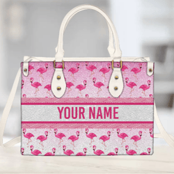 Personalized Name Flamingo Leather Handbag, Women Leather Handbag, Gift for Her, Custom Leather Bag, Birthday Gift