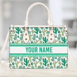 Personalized Name Cactus Leather Handbag, Women Leather Handbag, Gift for Her, Custom Leather Bag, Birthday Gift