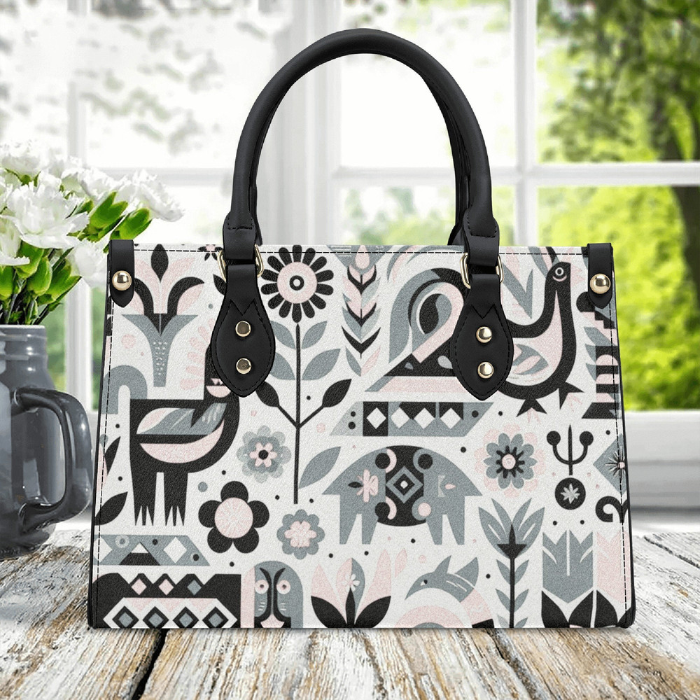 Luxury Women PU leather Handbag tote unique beautiful Art deco Cottage core wild flora flower design abstract art purse nice for spring.jpg
