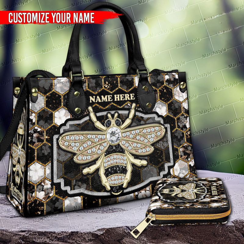 Marchstyle - Beekeeping Leather Bag, Personalized Name Leather HandBag & Purse with Bee, Custom Name Cute Bee Leather Handbag, Flower Bee.jpg
