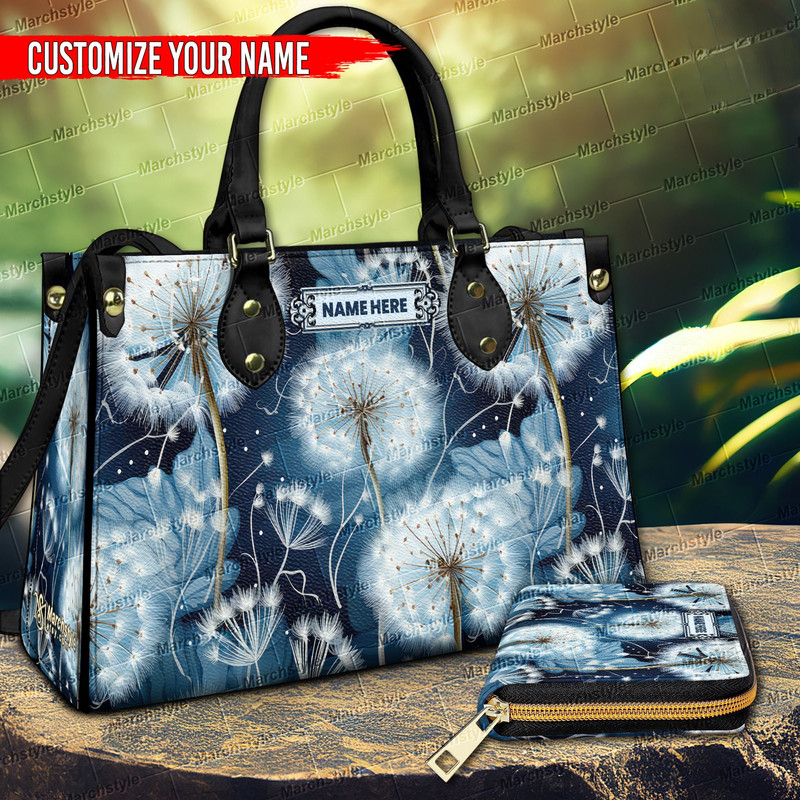 Marchstyle - Custom Name Blue Dandelion Print Floral Leather handBags & Purse with Shoulder Strap for Women, Wallet for Lover Dandelions.jpg