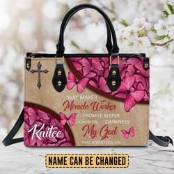 christianartbag handbags, way maker miracle worker leather handbag, butterfly pink leather handbag, gifts for women