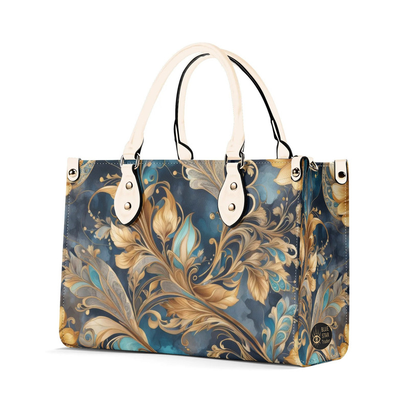 Blue Tapestry Purse Handbag, Blue Green Unique Abstract Floral Large Tote Bag Vegan Leather, Womens Luxury Shoulder Bag, Luxe Jane.jpg