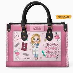 coffee scrub and rubber gloves personalized custom leather bag, nurses day, appreciation gift for nurse, gift for her