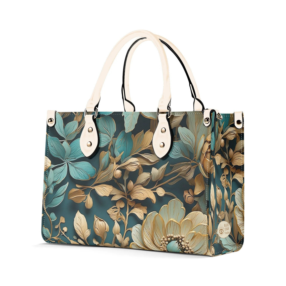 Elegant Teal Floral Purse, Blue Green Tan Flowers Vegan Leather Hand Bag, Unique Womens Luxury Shoulder Bag, vegan strap, Luxe Jane.jpg