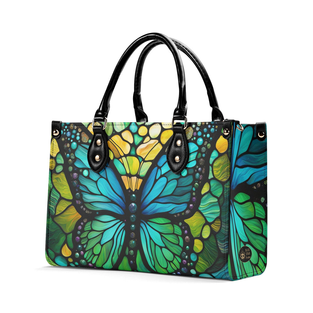 Elegant Turquoise Butterfly Tote Purse, Blue Green Stained Glass Handbag Vegan Leather, Unique Womens Luxury Shoulder Bag, Luxe Jane.jpg