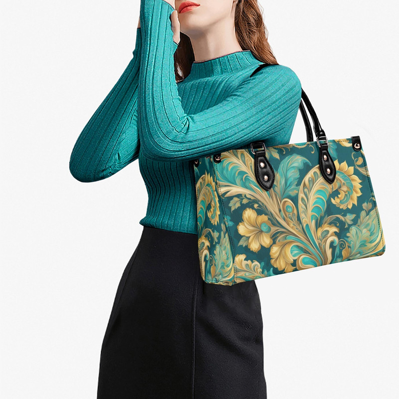 Turquoise Tapestry Paisley Tote Purse, Blue Green Unique Abstract Handbag Vegan Leather, Womens Luxury Shoulder Bag, Luxe Jane.jpg