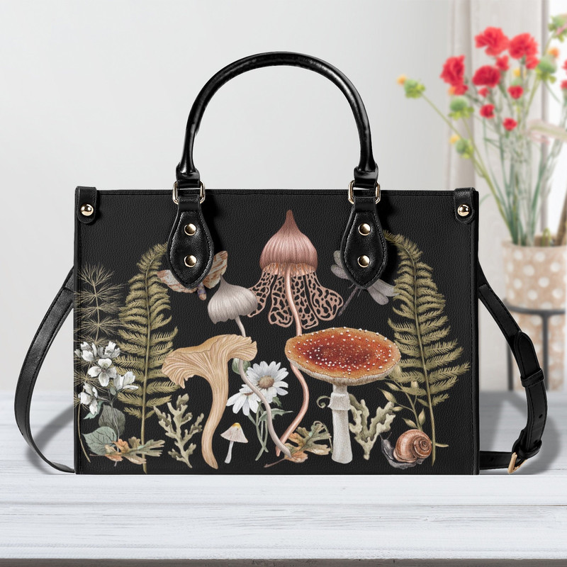 Witchy Mushrooms Faux Leather Purse, Cute women Hand Bag Shoulder Bag, vegan strap, Cottagecore Purse Boho Gift, Luxe Jane.jpg