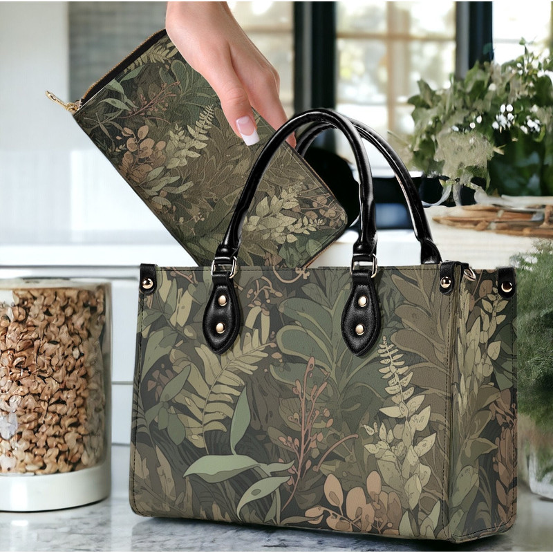 Botanical Tropical Olive green forest foilage top handles Vegan leather Tote handbag, Luxury Nature Whimsical crossbody bag & shoulder strap.jpg
