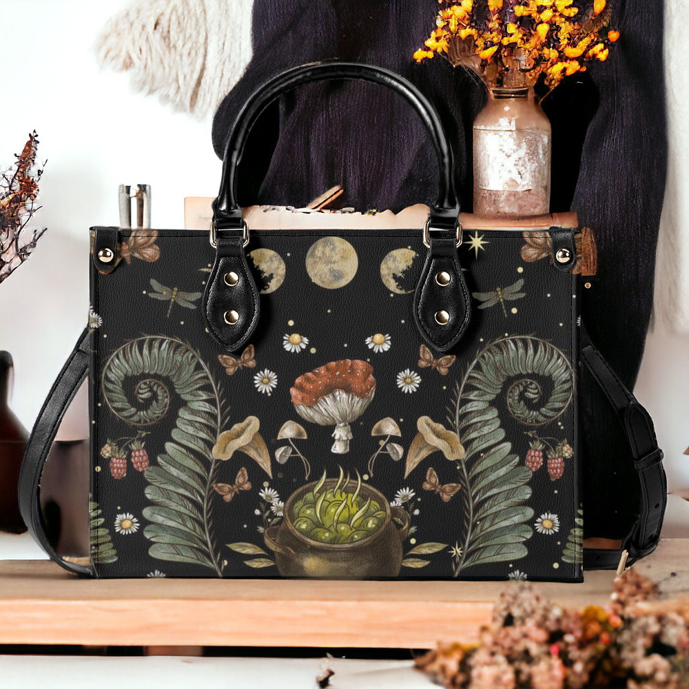 Botanical forest Witch brew top handles Vegan leather Tote handbag, Fern mushroom moon phase crossbody bag shoulder strap, Pagan Tote purse.jpg