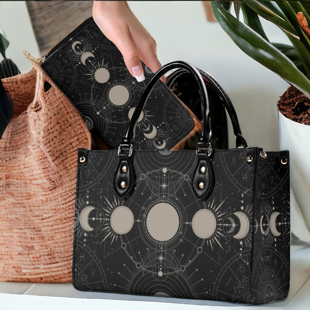 Celestial moon phase top handles Vegan leather Tote purse, Dark academia Alchemy handbag shoulder strap, Astrology crossbody bag wallet gift.jpg
