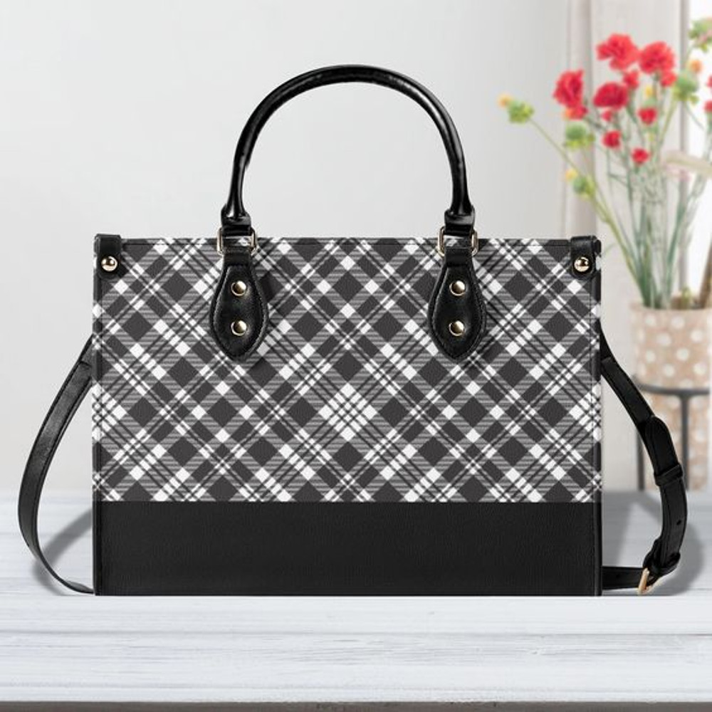 Chic Contrasting Black & Grey Argyle Plaid Pattern with Black Band Leather Handbag.jpg