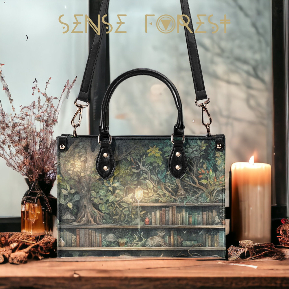 Cottagecore Forest tree house top handles Vegan leather Tote handbag, Witchy book lover shoulder strap purse, Whimsical cross body bag gift.jpg