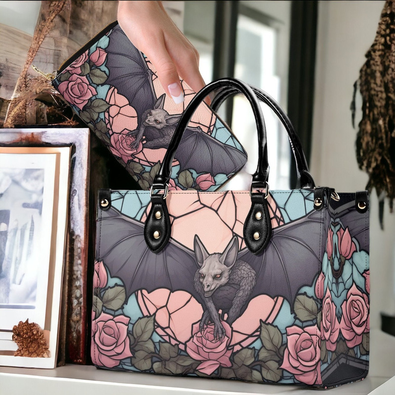 Medieval stained glass Gargoyle pink rose Vegan leather Handbag, Witchy Goth crossbody bag, Gothic spooky tote purse wallet gift.jpg