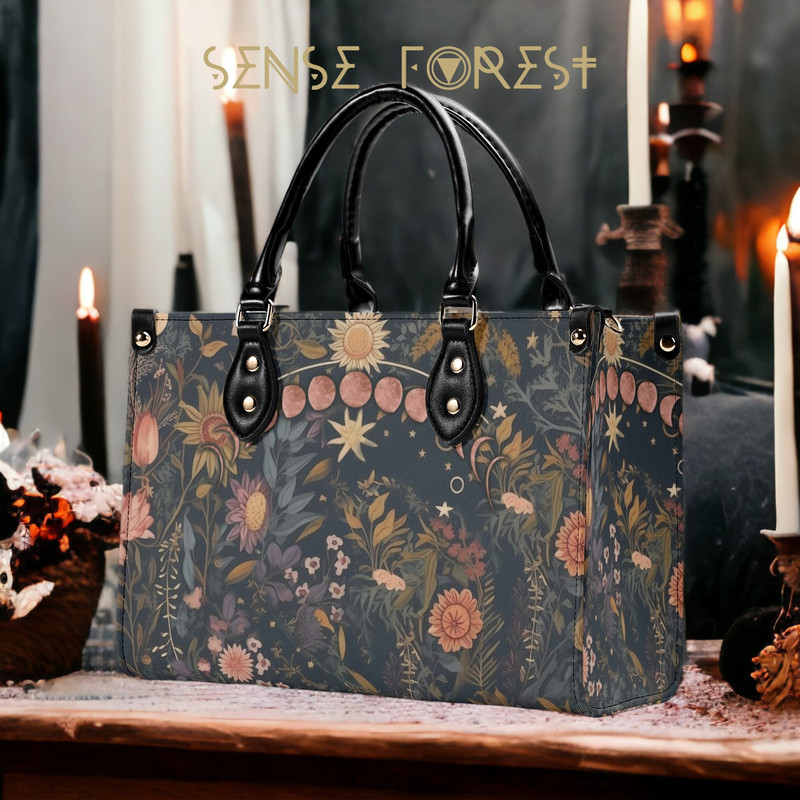Pagan Harvest Festival Botanical top handles Vegan leather handbag purse with shoulder strap, Witchy Celestial Sun moon stars crossbody bag.jpg
