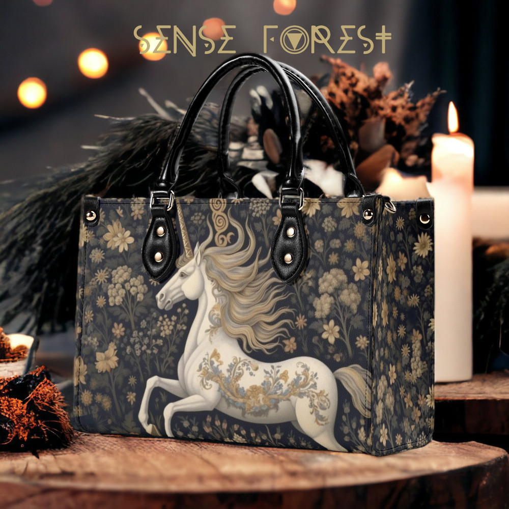 Retro cottagecore Medieval Unicorn top handles Vegan leather Tote handbag, wildflower shoulder strap purse, Fairycore crossbody bag gift.jpg
