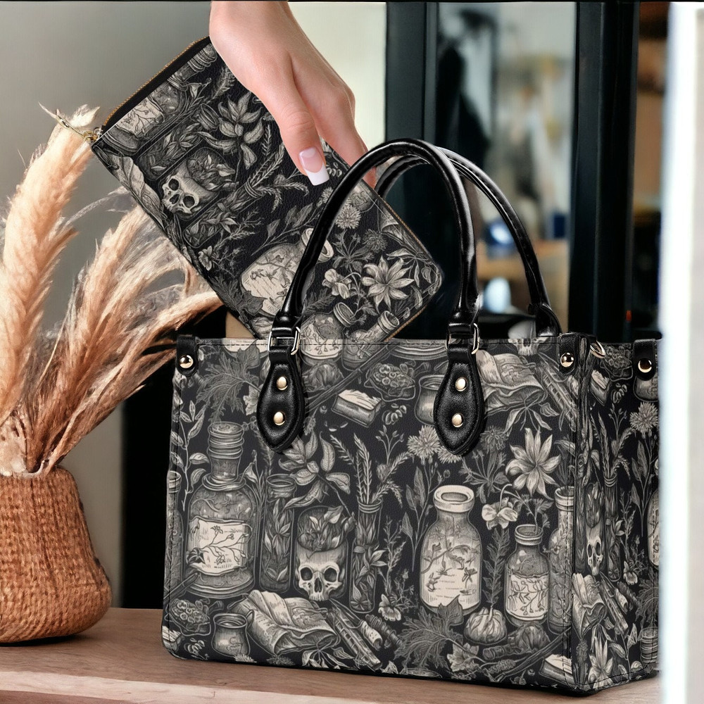 Witchy Gothic Witchcraft spell bottle top handles Vegan leather Tote handbag, Whimsical Boho purse shoulder strap, crossbody bag gift set.jpg